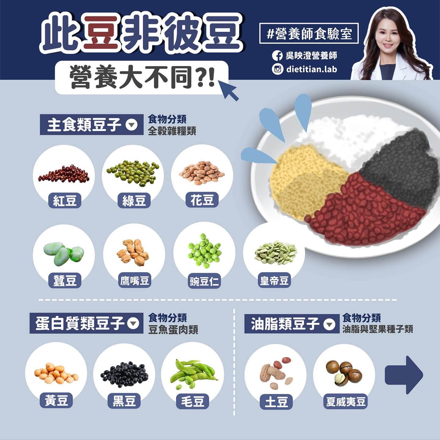 吳映澄對不同種的豆子進行食物分類。(圖/翻攝自吳映澄臉書)