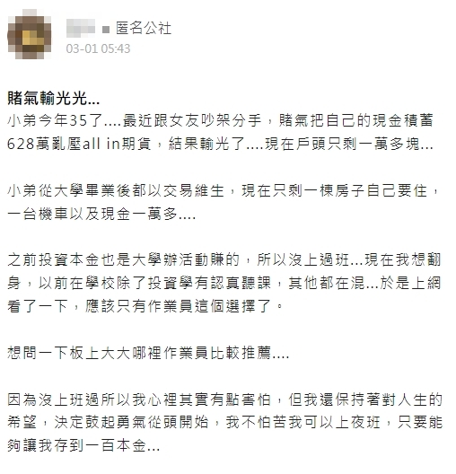 男網友一口氣將628萬元積蓄All in期貨慘賠輸光。(翻攝Dcard論壇)