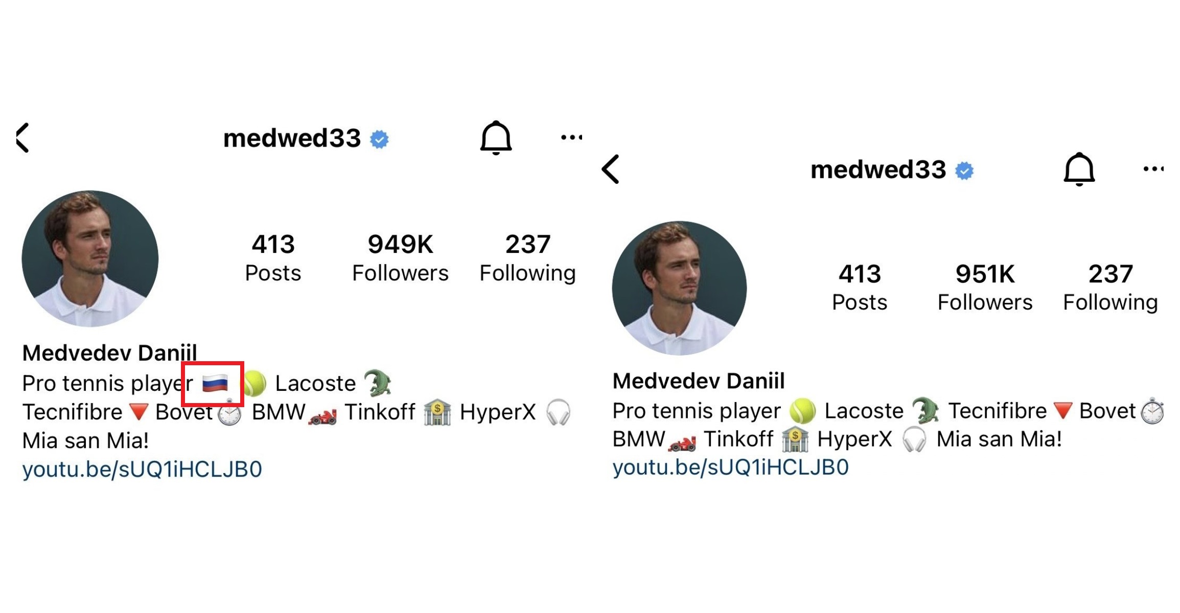 球王梅德維夫悄悄撤除IG上的俄羅斯國旗。(圖/翻攝自medwed33 IG)