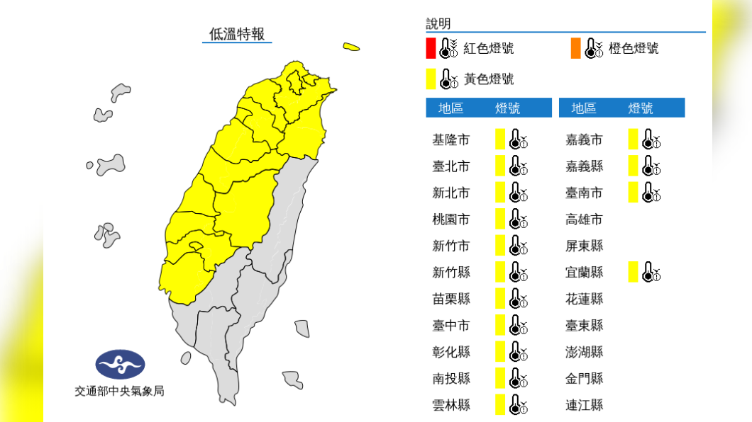 氣象局針對15縣市發布低溫特報。(圖/中央氣象局)