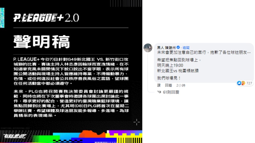 P. LEAGUE+發聲明,陳建州也致歉。(合成圖/翻攝自P.LEAGUE+臉書)