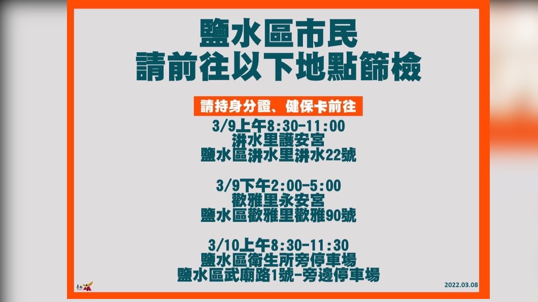 鹽水區市民，請前往以下地點篩檢。（圖／台南市政府） 