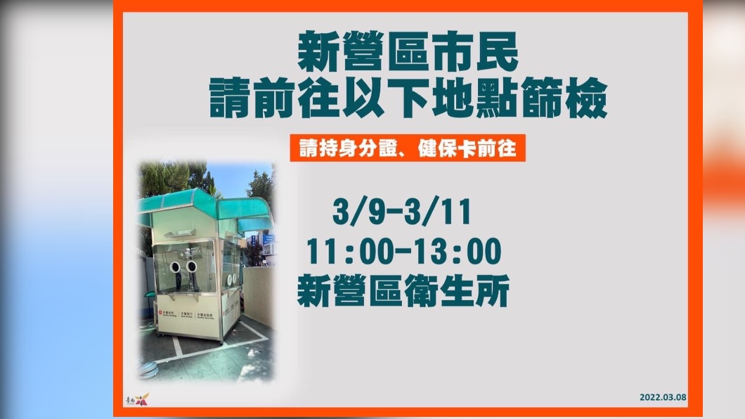 新營區市民請前往以下地點篩檢。（圖／台南市政府）
