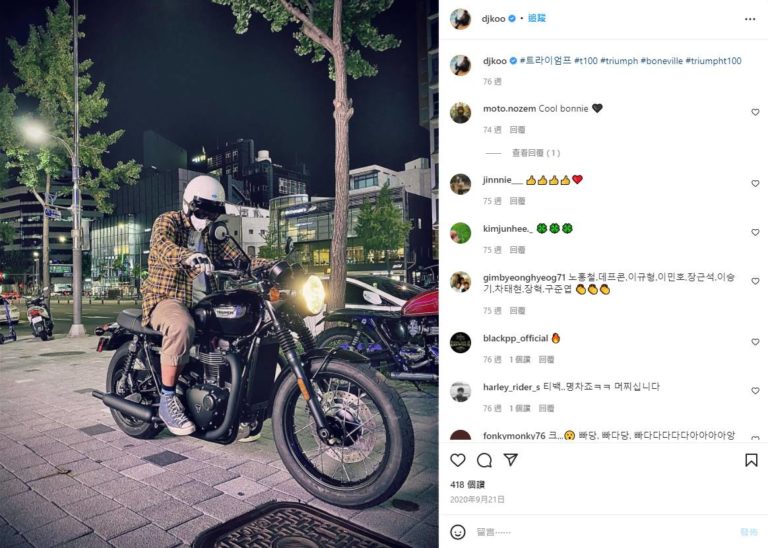 Triumph Bonneville T100應是具俊曄最愛的車款。(圖/翻攝自djkoo IG)