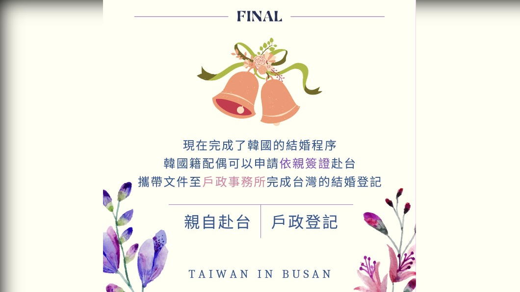 駐釜山辦事處貼懶人包指引如何遠距完成台韓籍婚登記。(圖/取自駐釜山辦事處)