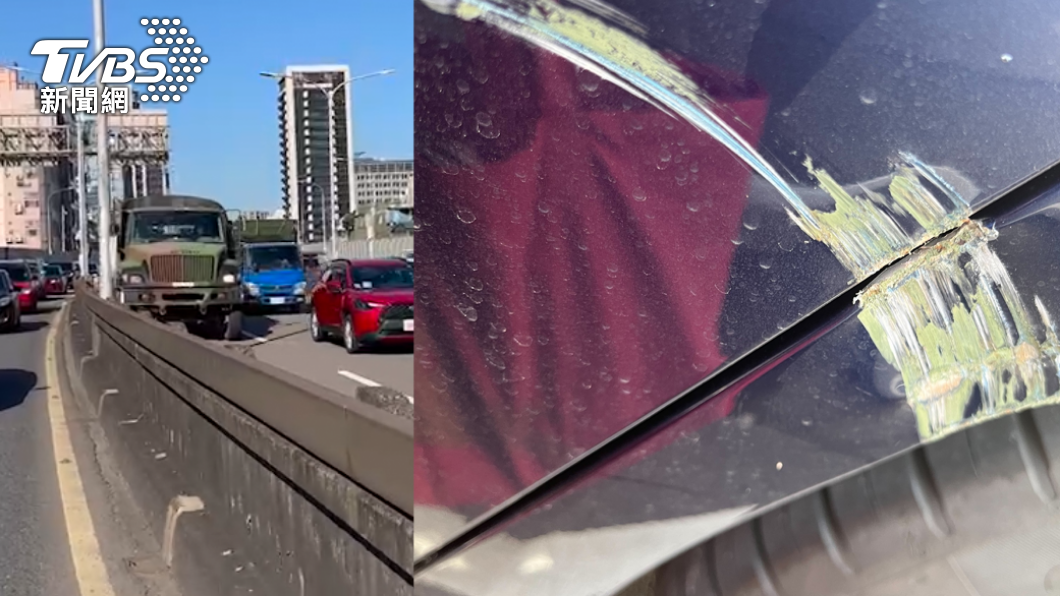 當事人在車內拍下軍卡,也拍下車傷。(圖/當事人提供)