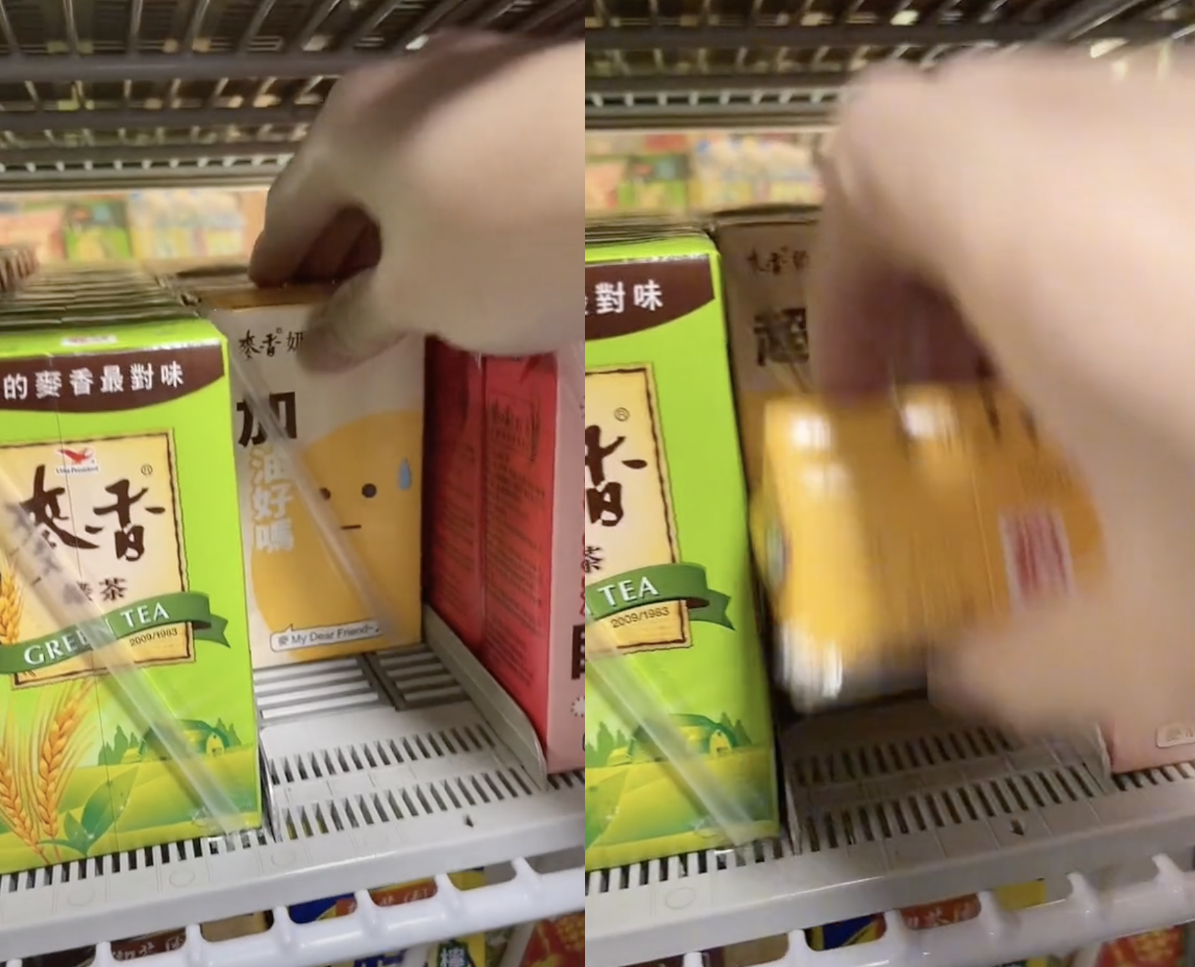 超商店員拍影片呼籲不要往後拿第二瓶或推擠鋁箔包飲料。（圖／翻攝自TikTok）