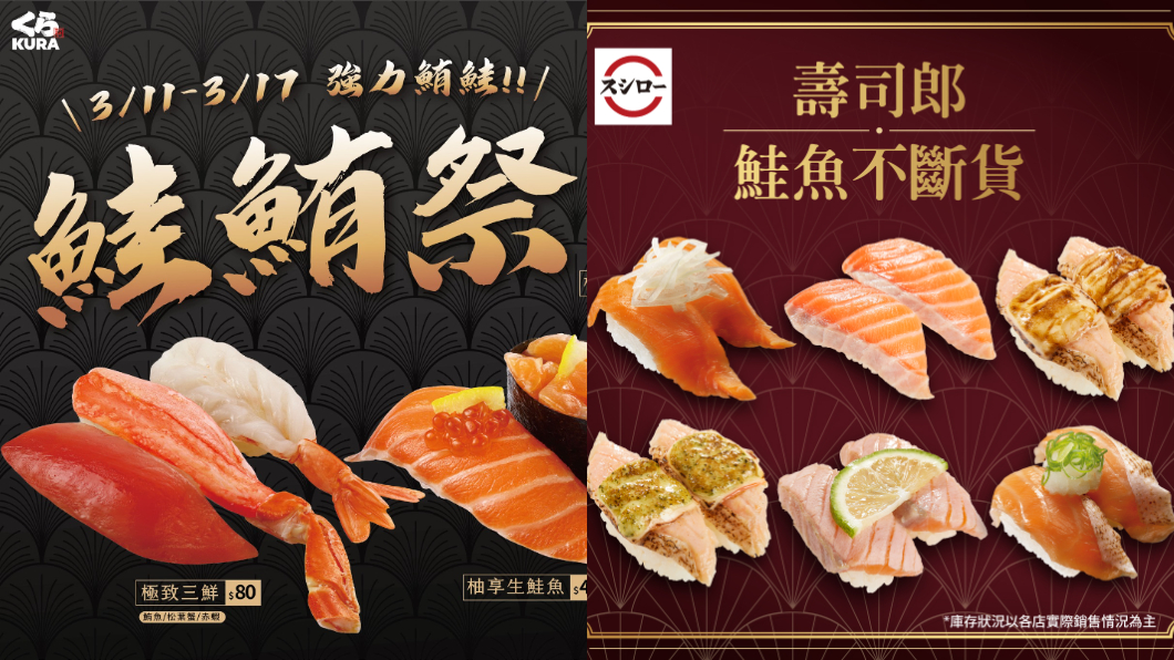 業者推出鮭魚商品相關宣傳。(合成圖/翻攝自藏壽司 Kurasushi Taiwan、台湾スシロー 台灣壽司郎臉書)