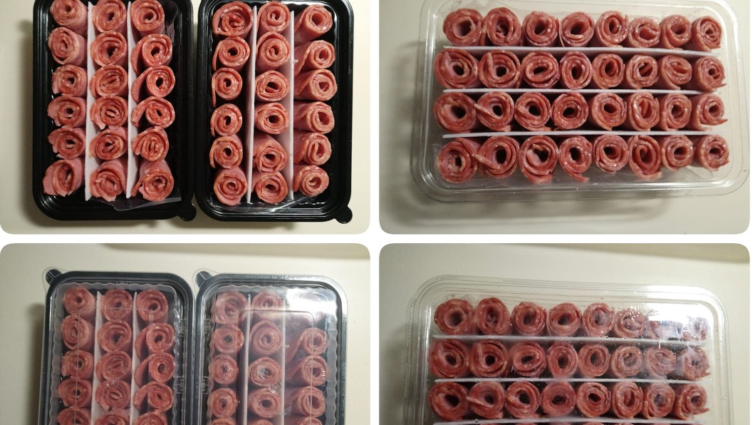 原PO將培根一片片捲起來後放置不同的塑膠盒內。(圖/翻攝自Costco好市多 商品經驗老實說臉書)