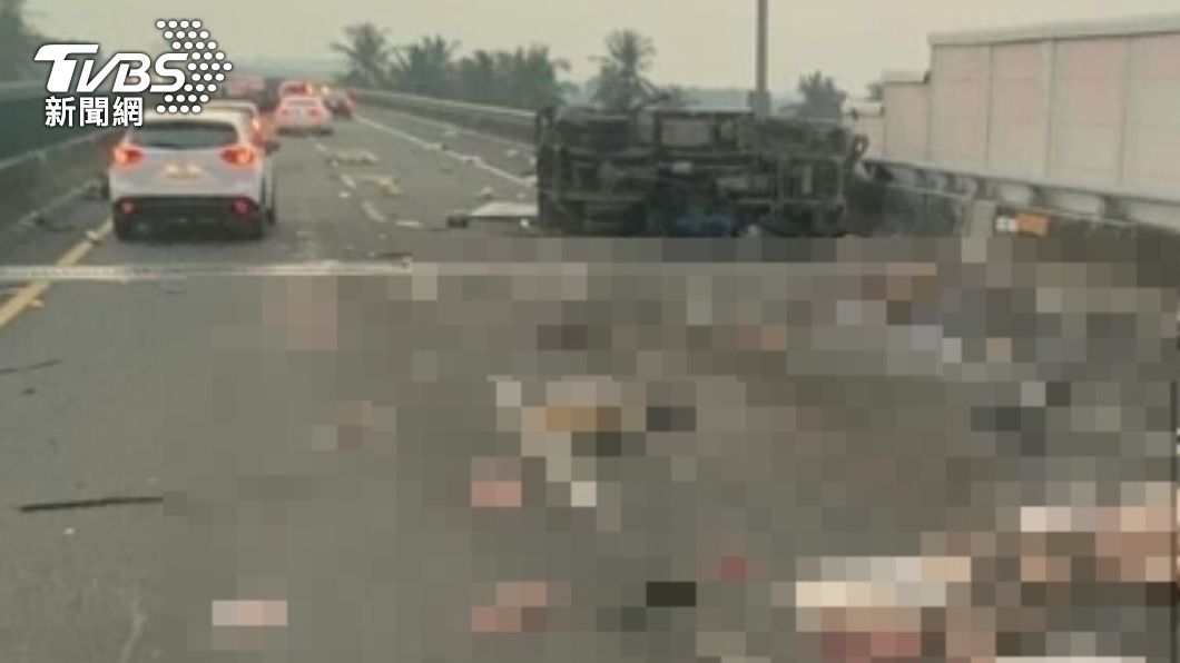 當時自小客車和小貨車都翻覆其中小貨車載有的豬隻和雞隻全都散落路面。（圖／TVBS資料畫面）