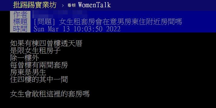 有女網友詢問若是男房東同住一棟樓這樣好嗎?(圖/翻攝自PTT)