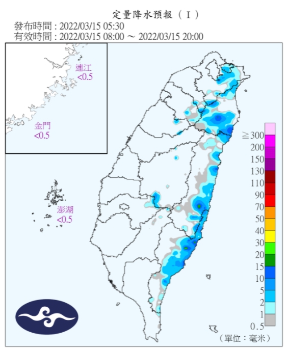 今台灣附近吹偏東南風,在迎風面的東半部有局部陣雨。(圖/中央氣象局)