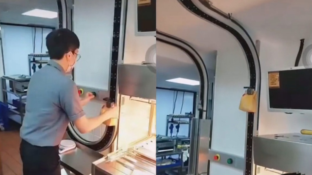 餐點包裝好後可以透過軌道直接運到樓下。(圖/翻攝自TikTok)