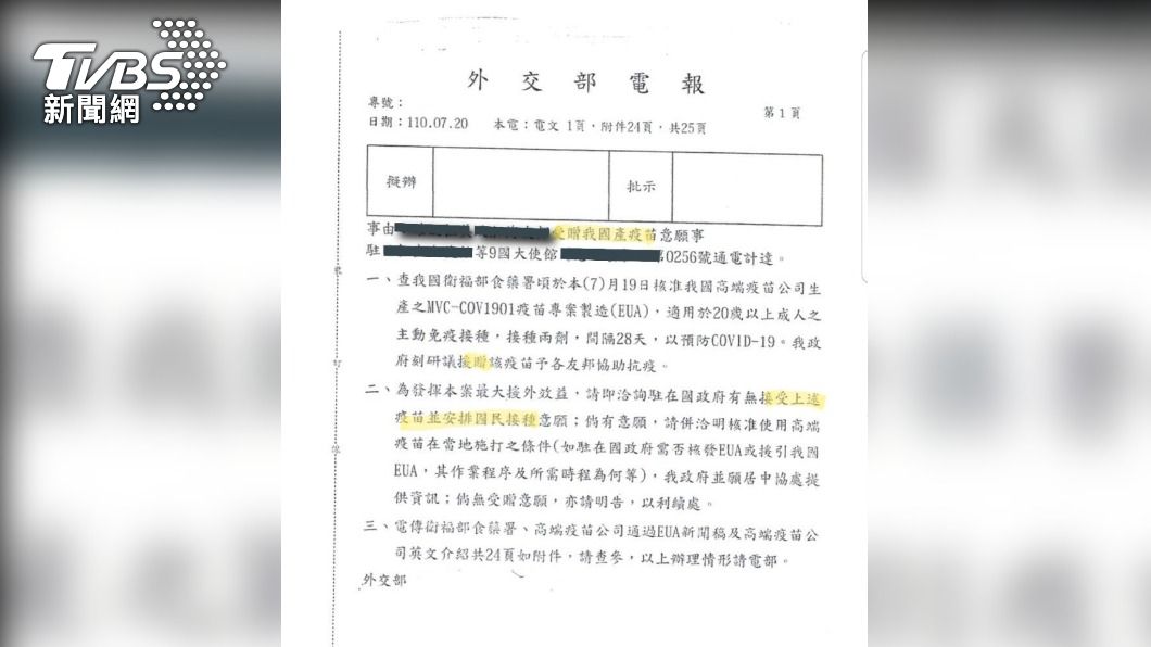 江啟臣曾揭露一份外交電報，指政府有意送高端疫苗給邦交國。（圖／國民黨提供）