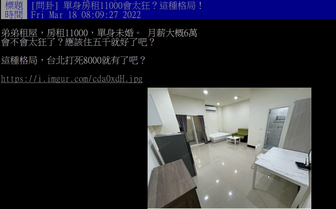 原PO認為套房的租金太貴。（圖／翻攝自PTT）