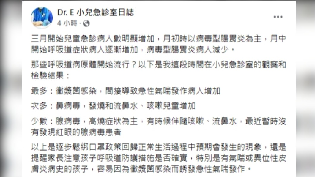 謝宗學表示3月開始兒童急診病人數明顯增加。(圖/翻攝自Dr. E 小兒急診室日誌臉書)
