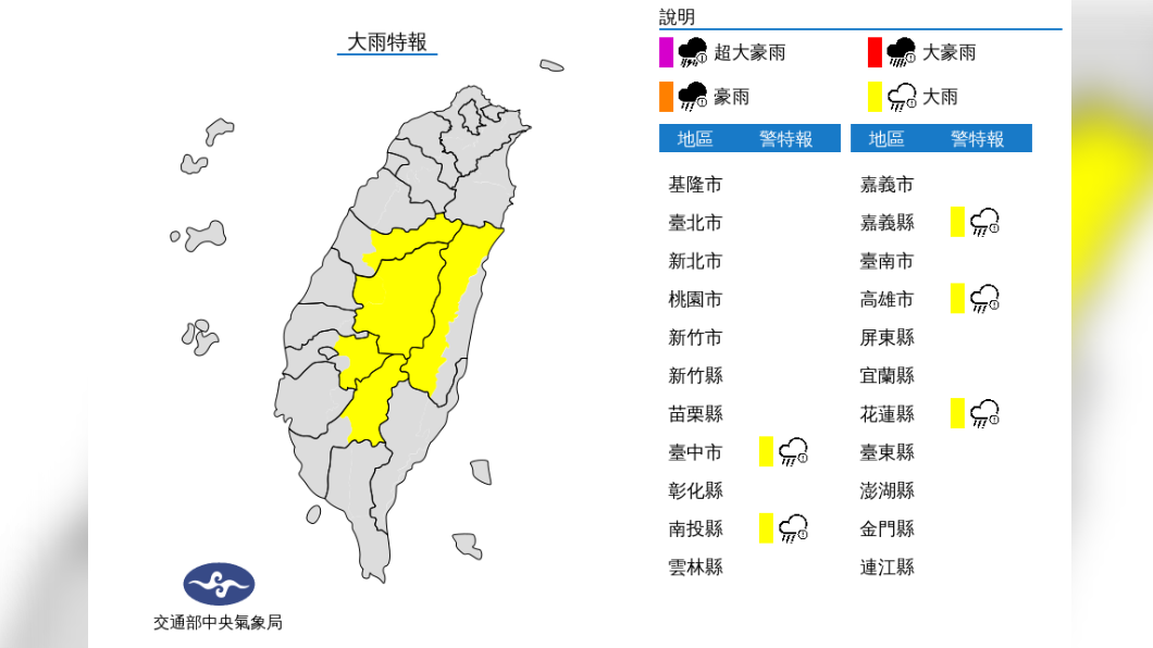 氣象局針對5縣市發布大雨特報。(圖/中央氣象局)