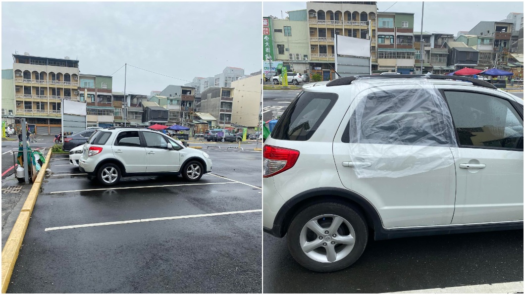 他順手拿了塑膠袋幫忙遮住車窗。(圖/翻攝自爆料公社二社)