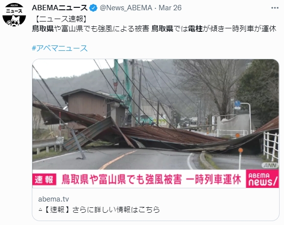 鳥取縣電線杆被強風吹倒一片。（圖／翻攝自@News_ABEMA推特）