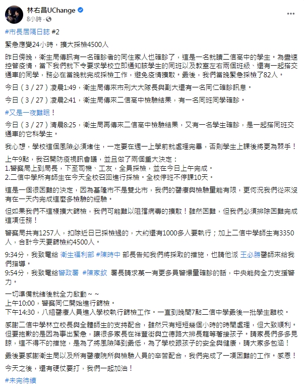 基隆市長林右昌坦言一夜難眠。(圖/翻攝自林右昌臉書)