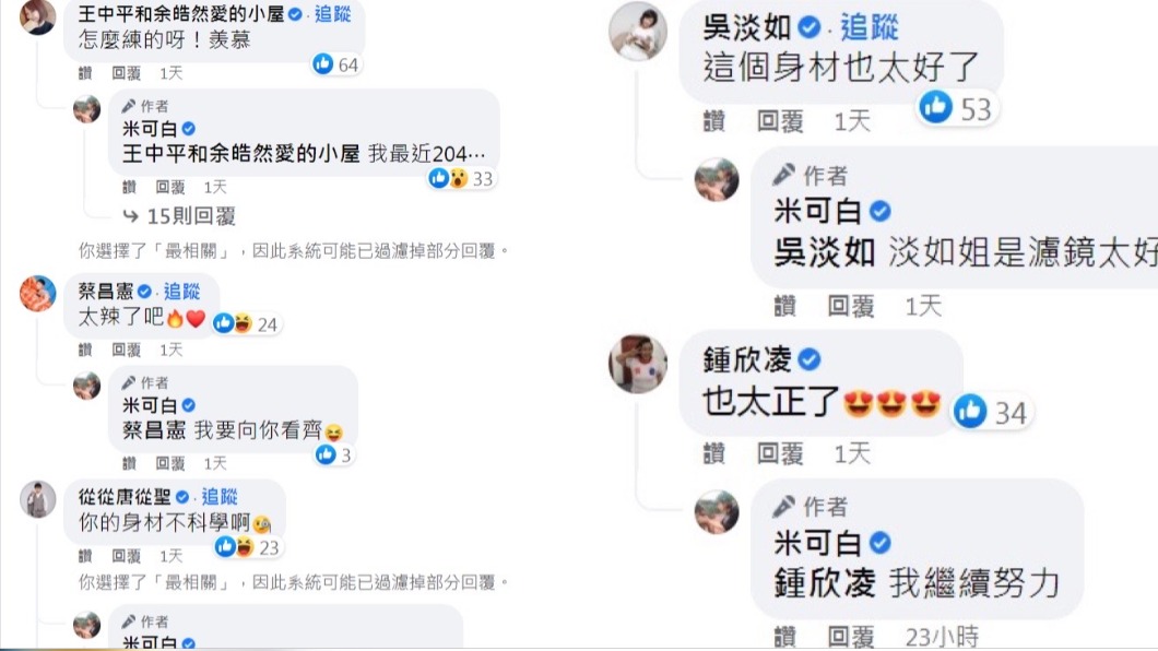 演藝圈眾星友驚呼米可白身材真的太好。(圖/翻攝自米可白臉書)