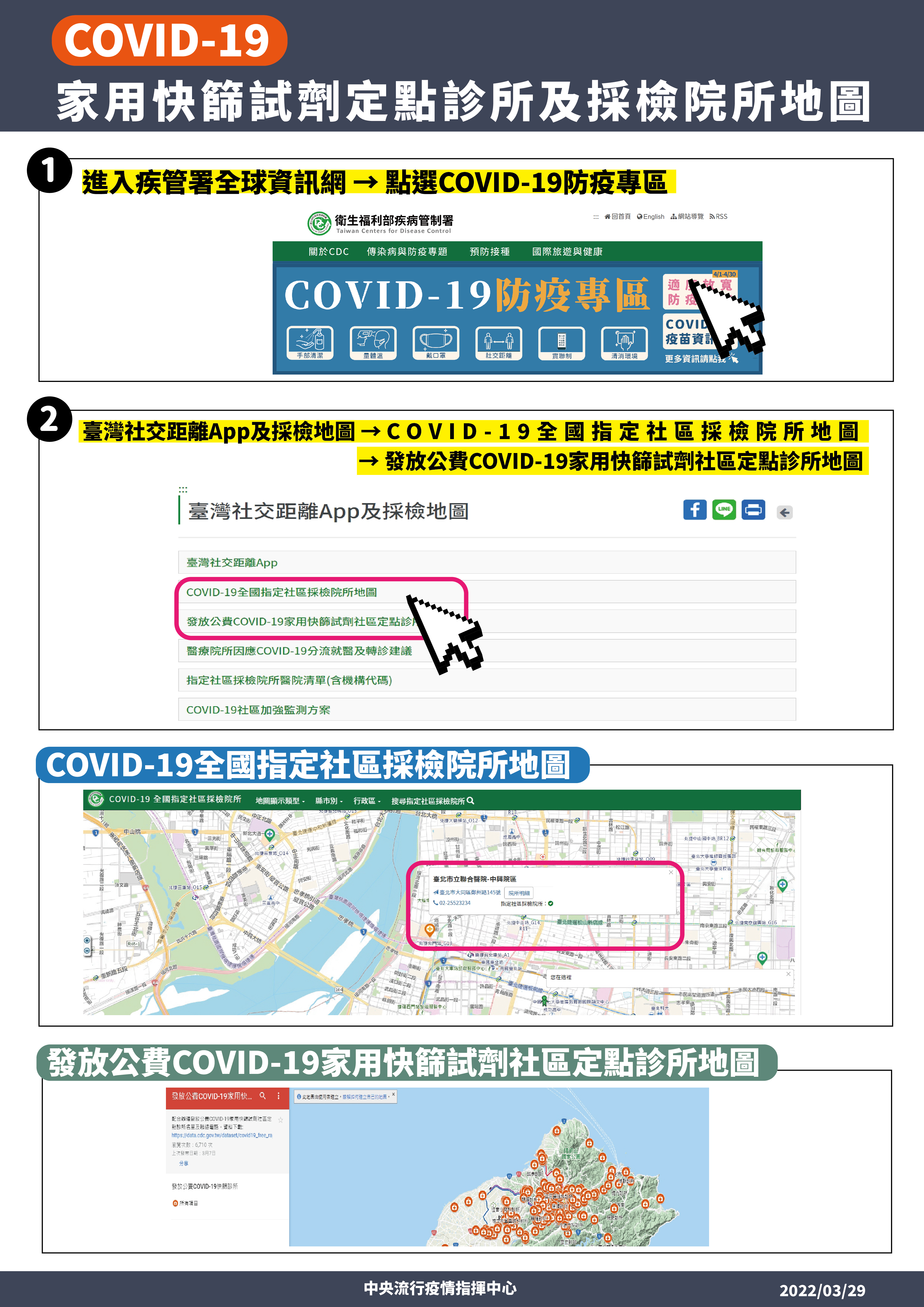 COVID-19家用快篩試劑定點診所及採檢院所地圖。(圖/中央流行疫情指揮中心)
