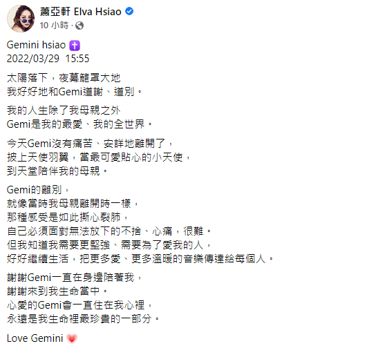 愛犬「Gemi」離世,蕭亞軒悲痛發文。(圖/翻攝自蕭亞軒臉書)