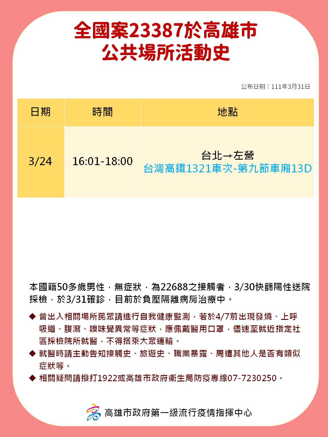 全國案23387於高雄市公共場所活動史。(圖/高雄市政府)