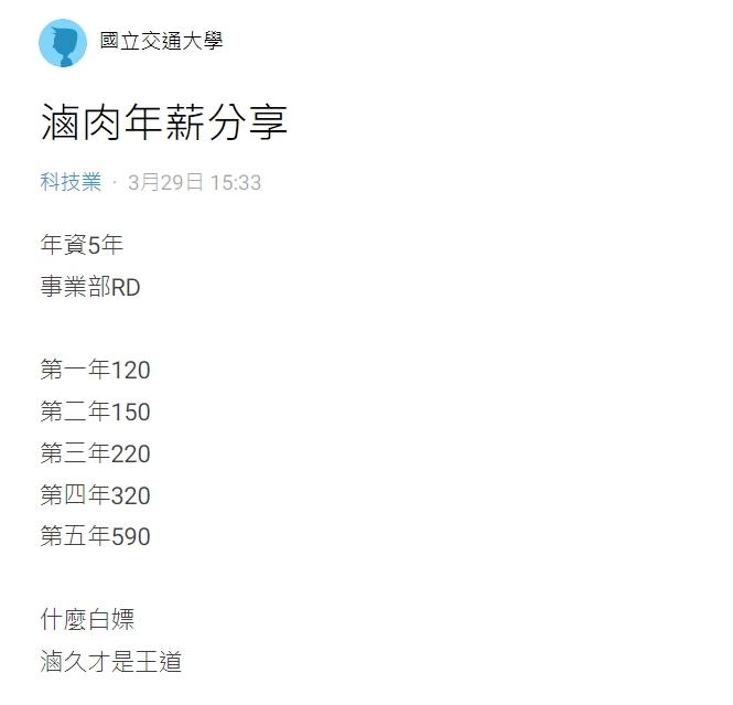 聯詠員工分享自己的年薪。(圖/翻攝自Dcard)