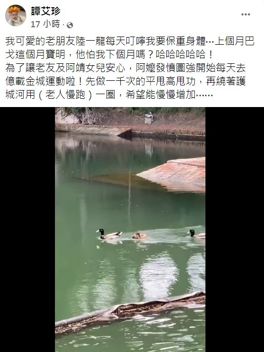 譚艾珍透露陸一龍每天叮嚀她要保重身體。（圖／翻攝自譚艾珍臉書）
