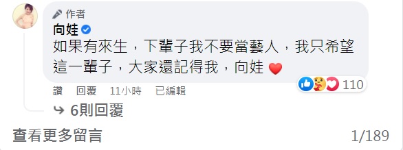 向娃說來生不要再當藝人。（圖／翻攝自向娃臉書）