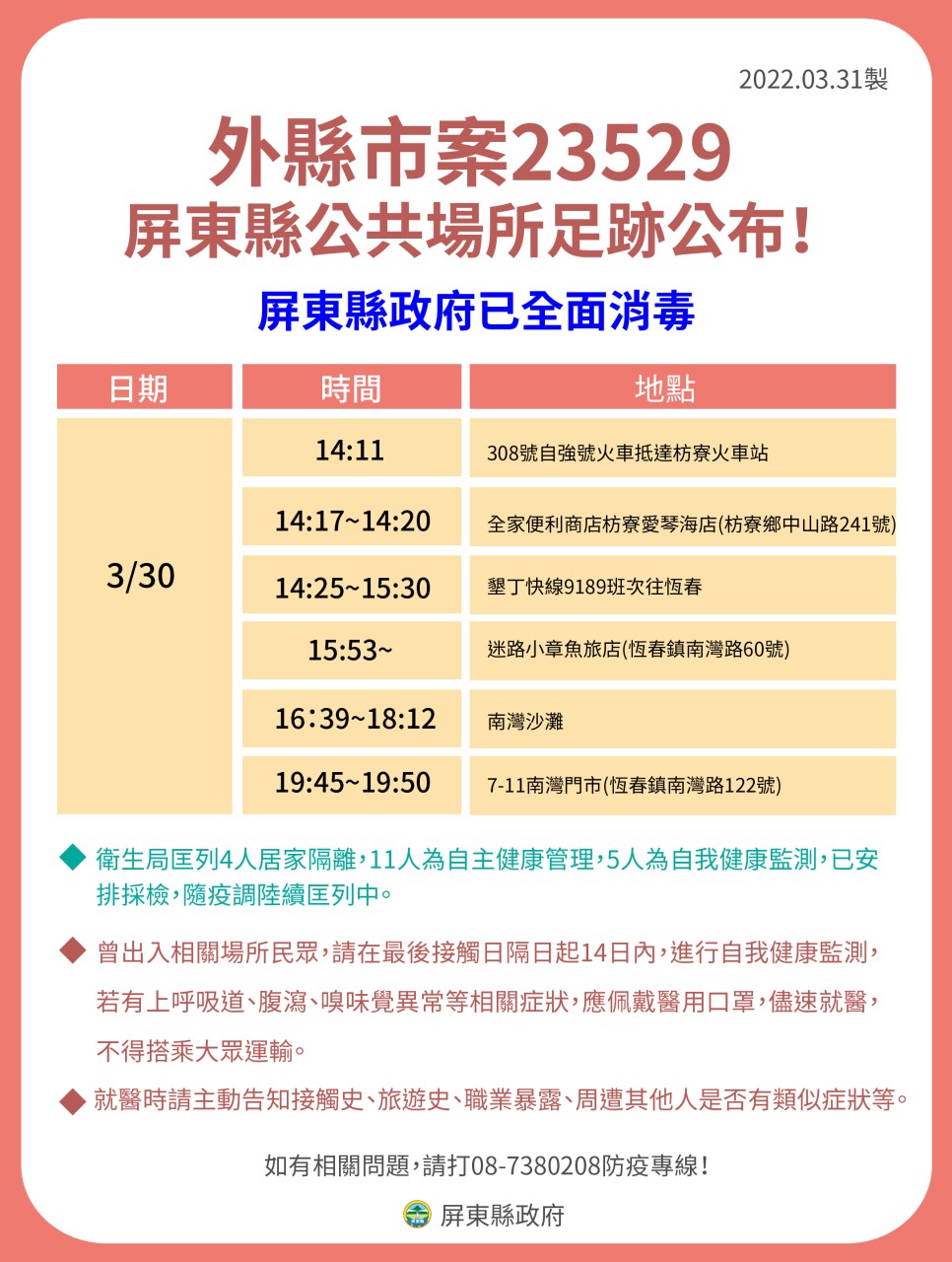 外縣市確診個案屏東縣公共場所足跡。(圖／屏東縣政府)