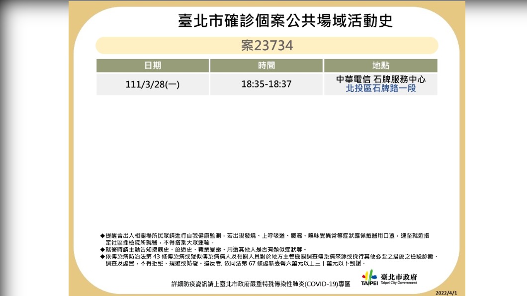 台北市確診個案23734公共場域活動史。(圖/台北市政府)