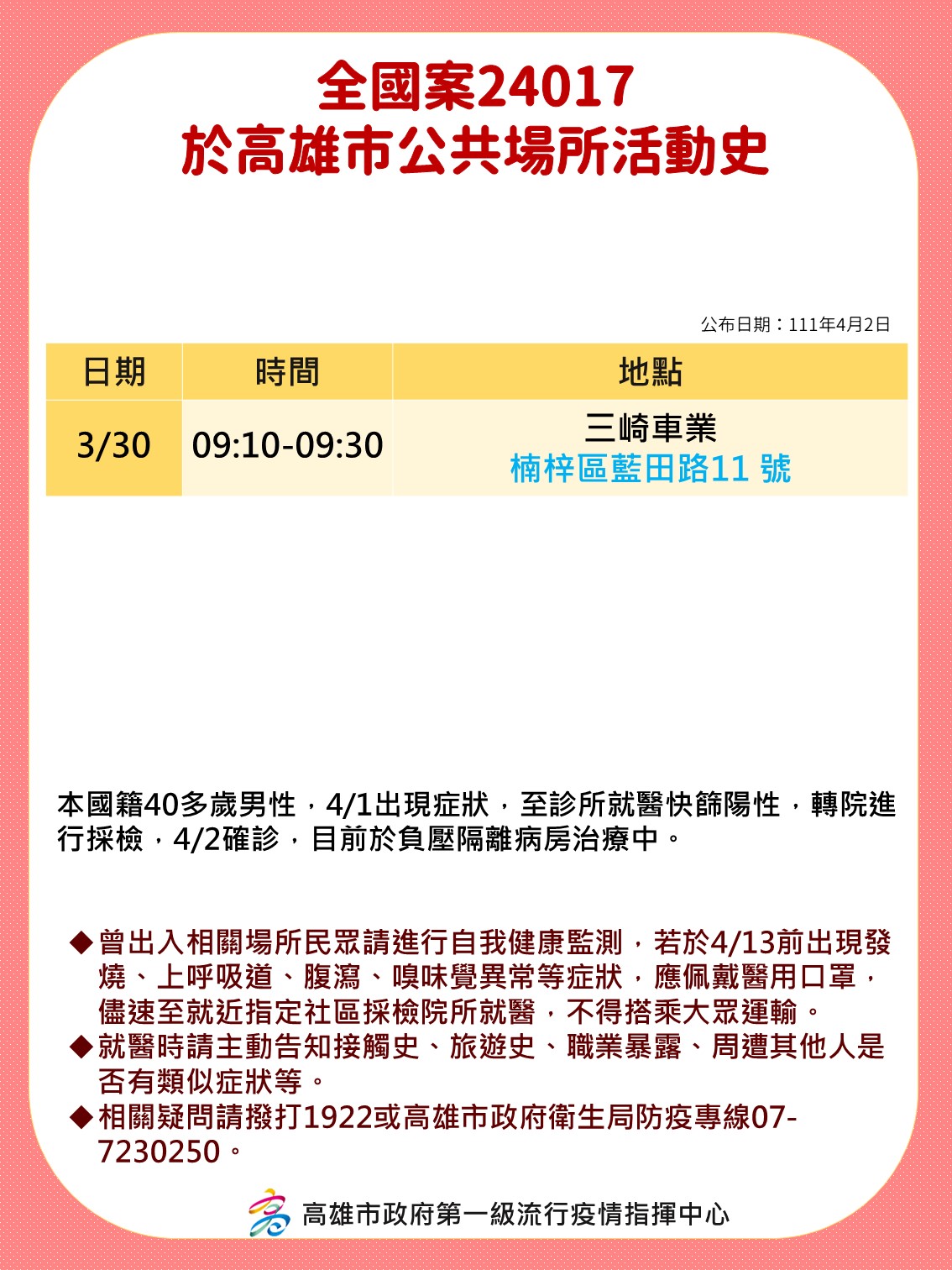 全國案24017於高雄市公共場所活動史。(圖/高雄市政府)