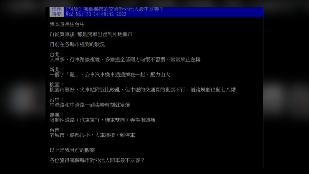 網友發文詢問哪個縣市的交通對外地人最不友善。（圖／翻攝自PTT）