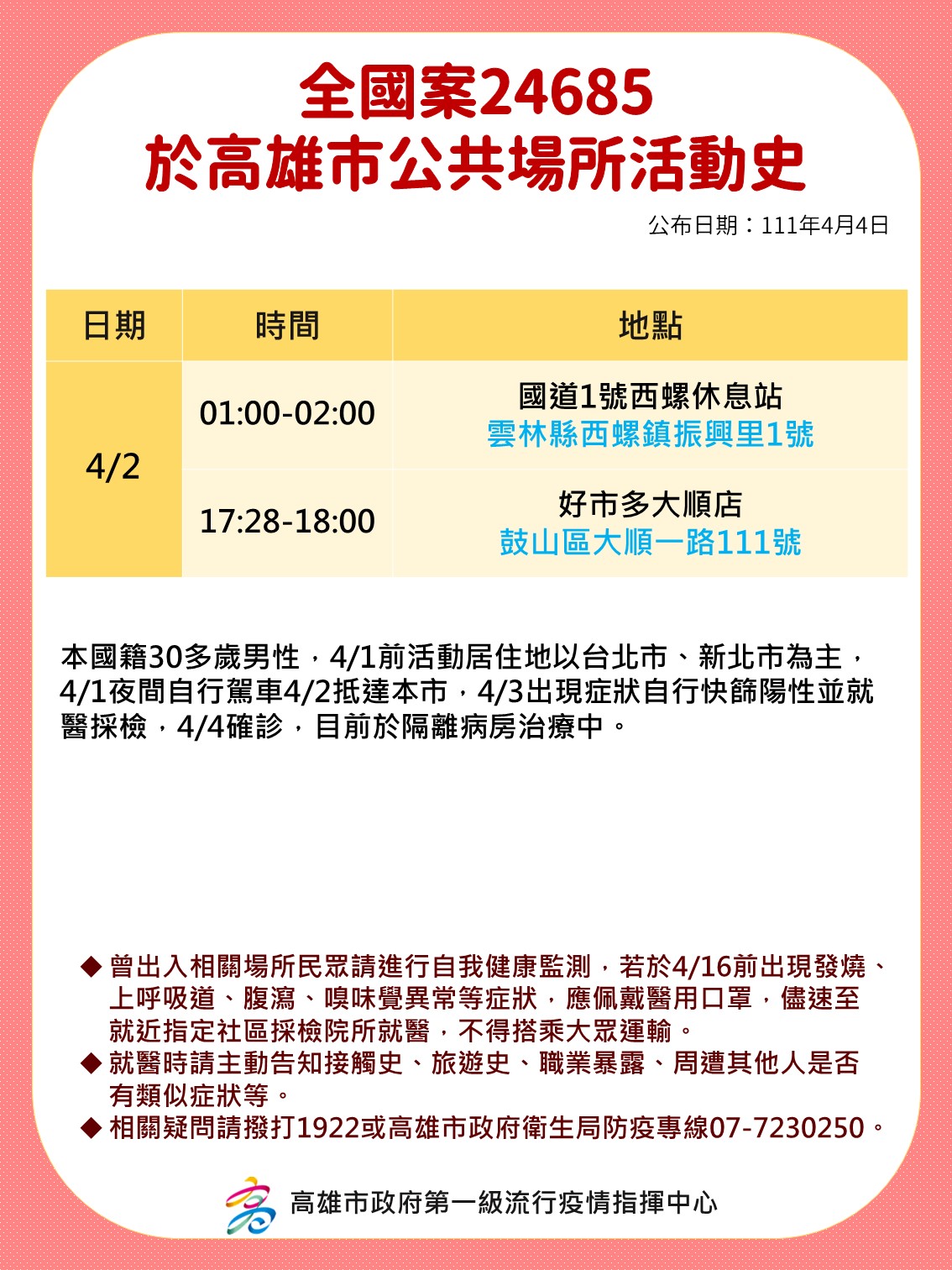 全國案24685於高雄市公共場所活動史。(圖/高雄市政府)