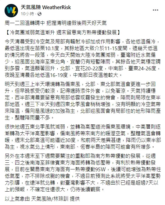 天氣風險粉專分析南方熱帶擾動的發展。(圖/翻攝自天氣風險 WeatherRisk臉書)