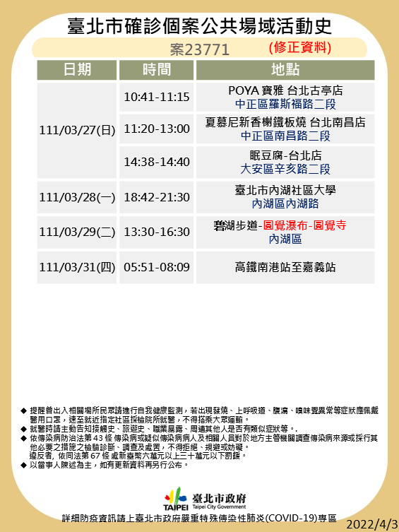 北市確診個案公共場域活動史-案23771-2。(圖/台北市政府)