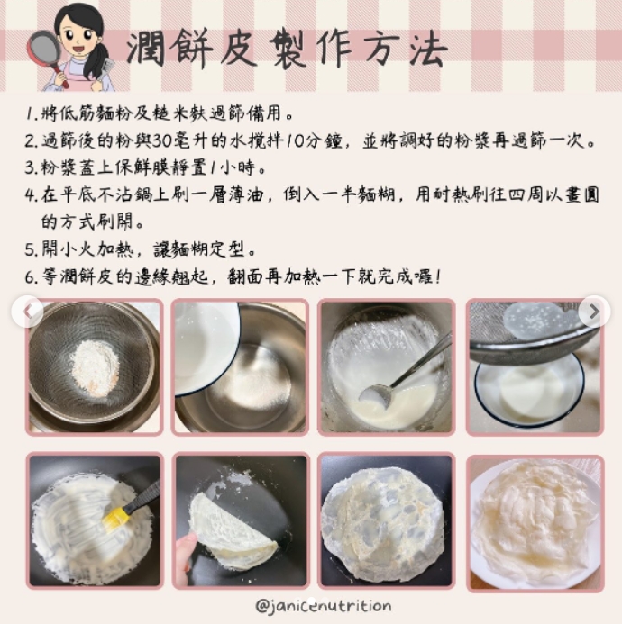 營養師教簡單6步驟,在家就可以自製潤餅皮。(圖/翻攝自珍妮絲營養書IG)