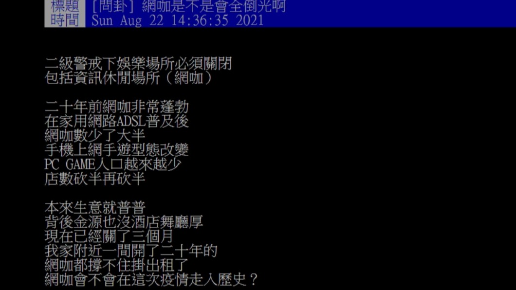 網友納悶網咖會不會因為疫情都倒光。（圖／翻攝自PTT）