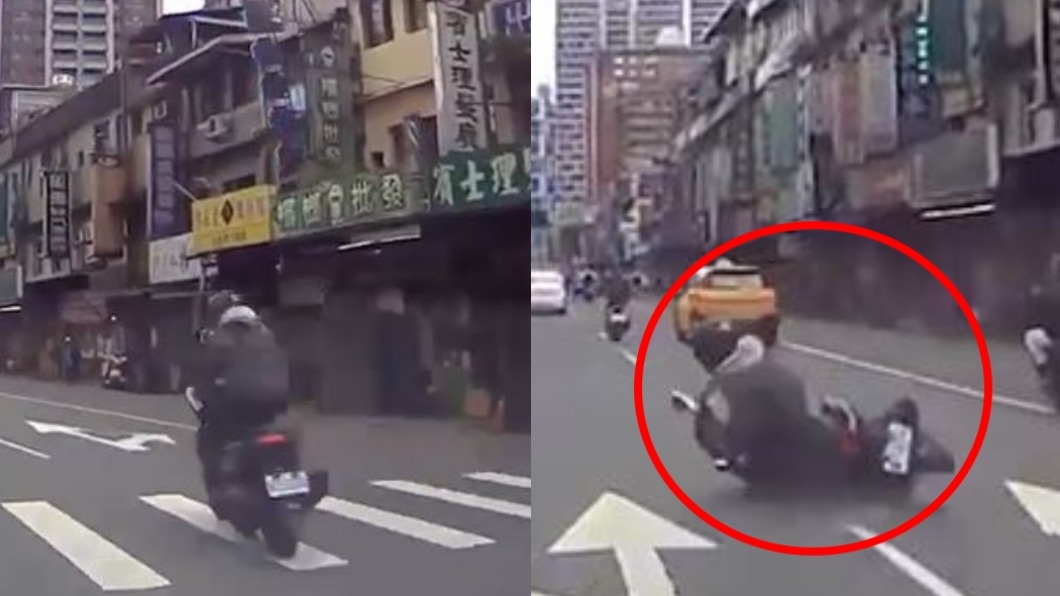 重心不穩猛拉龍頭，騎士彈了一下之後摔車。（圖／翻攝自爆廢公社公開版 臉書）