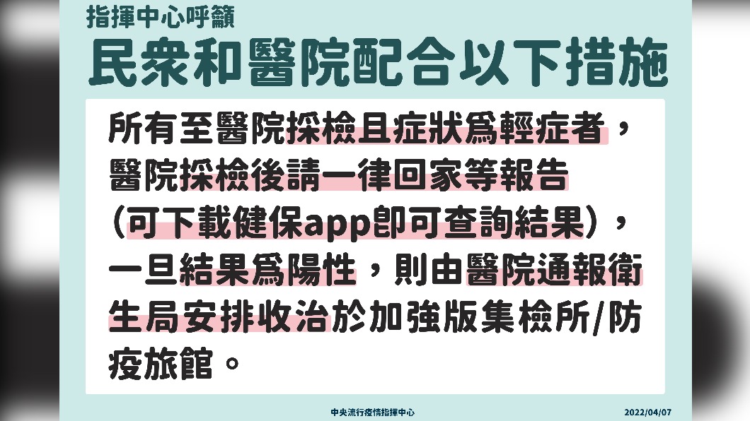 指揮中心籲民眾和醫院配合以下措施。（圖／中央流行疫情指揮中心）