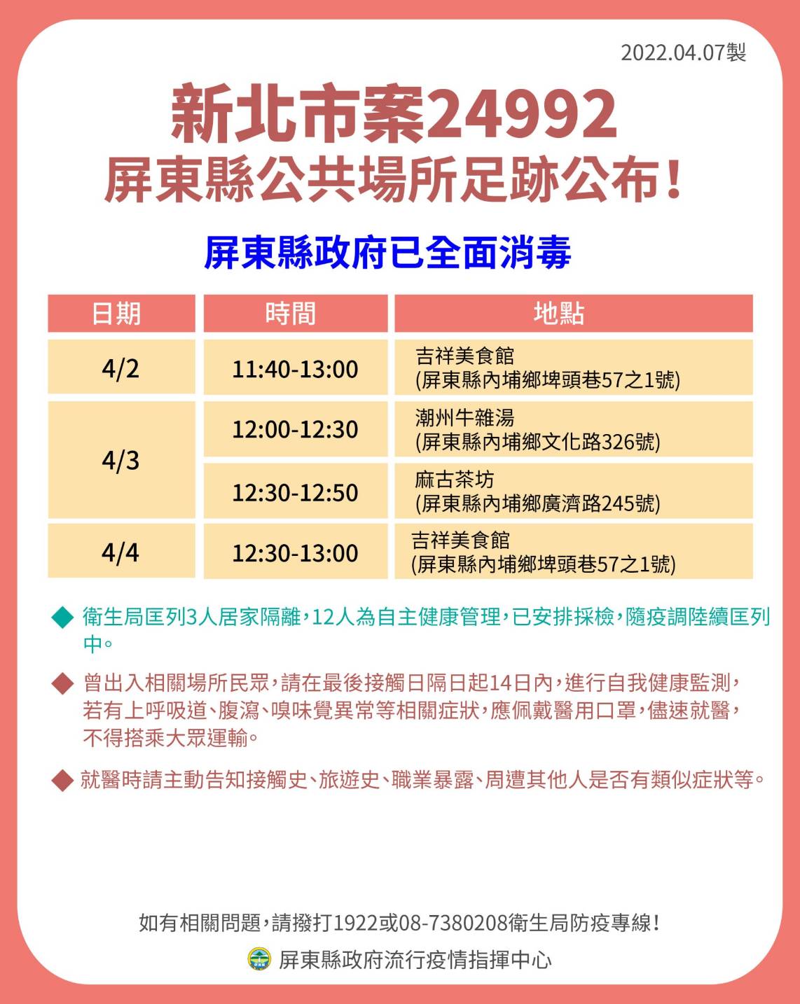新北市案24992屏東縣公共場所足跡公布。(圖/屏東縣政府)