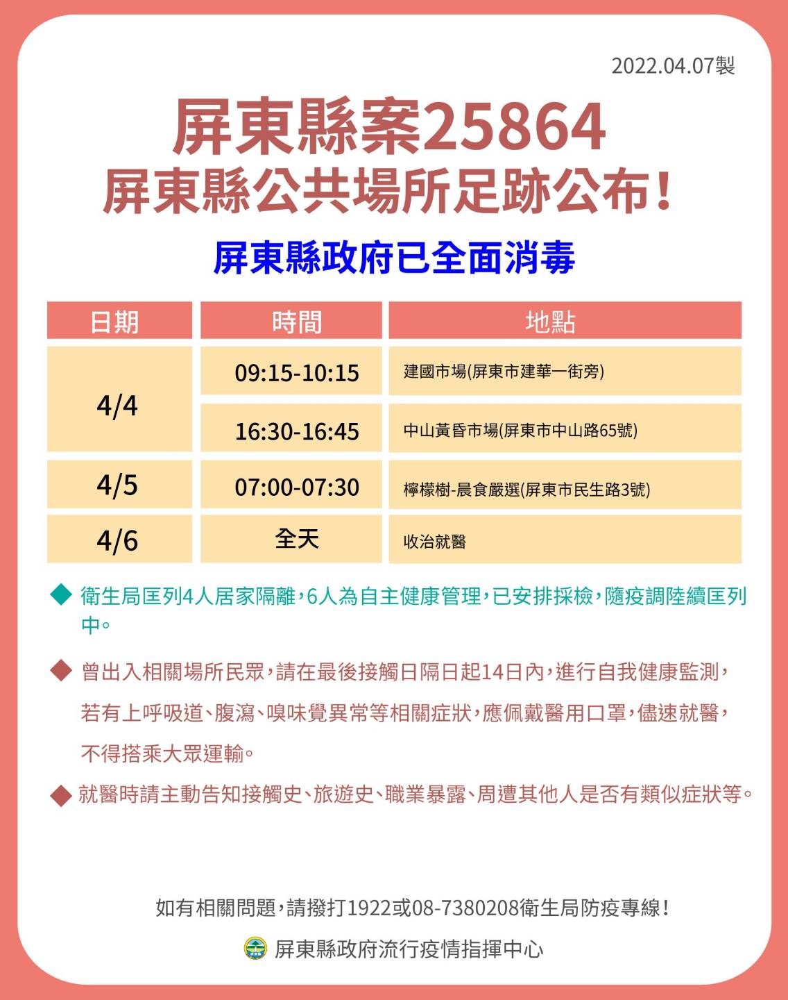 屏東縣案25864屏東縣公共場所足跡公布。(圖/屏東縣政府)