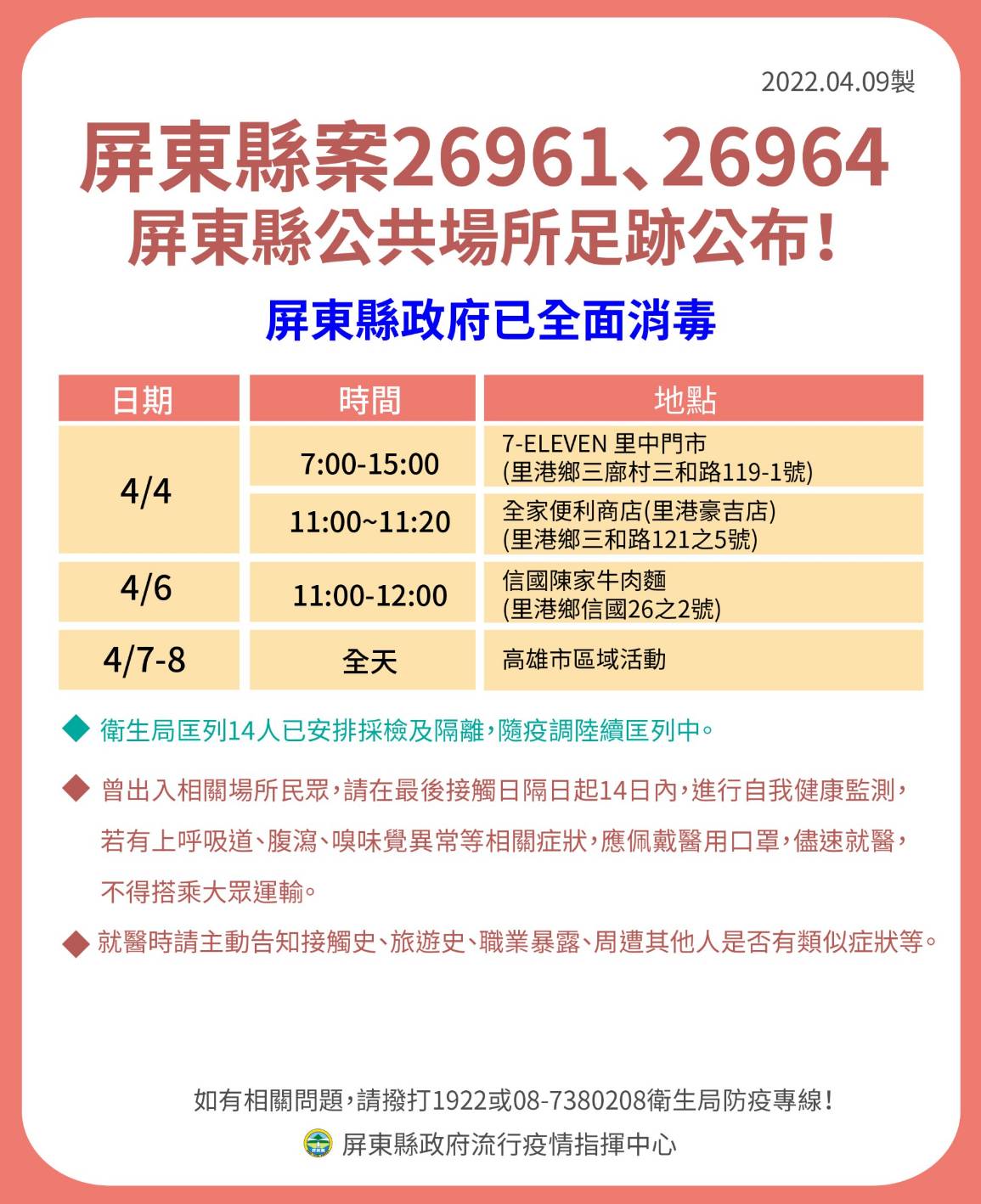 屏東縣案26961、26964公共場所足跡公布。(圖/屏東縣政府)