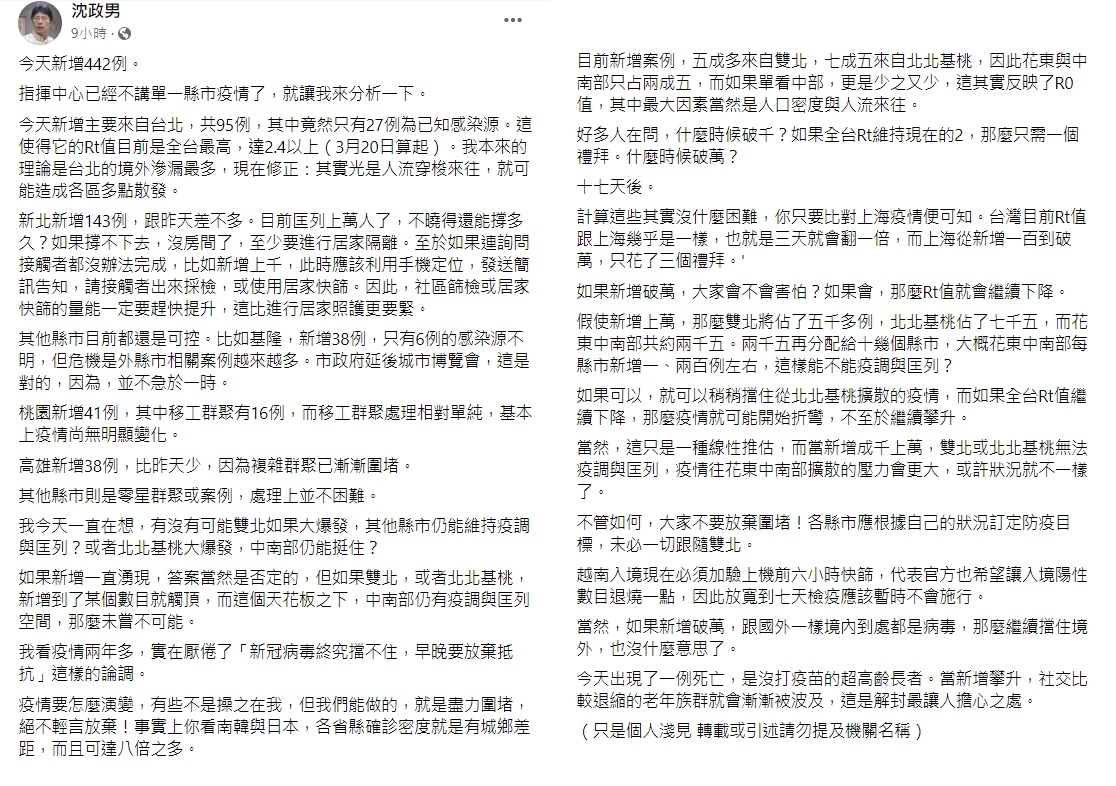 沈政男預估若全台Rt維持在2,17天後本土確診數將破萬。(圖/翻攝自沈政男臉書)