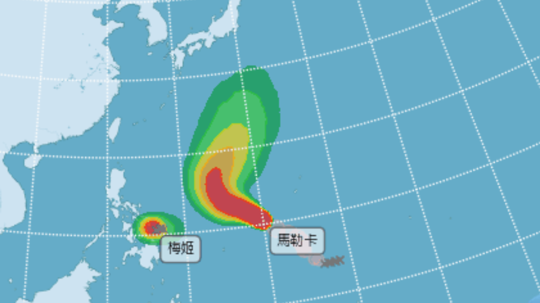 氣象局預估,最新生成的梅姬颱風目前是原地打轉,未來會受到一號颱風馬勒卡颱風交互作用影響,產生整併。(圖/翻攝氣象局)