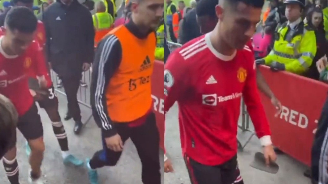 C羅離場時拍落球迷的手機。(圖/翻攝自EvertonHub推特)