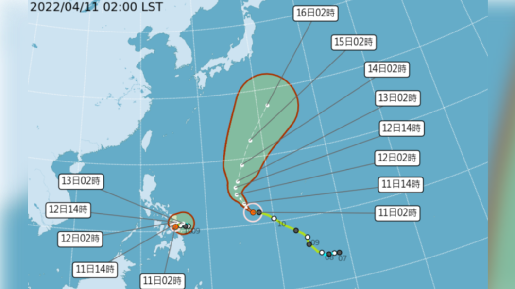 中央氣象局發布11日2時「路徑潛勢預測圖」。(圖/中央氣象局)