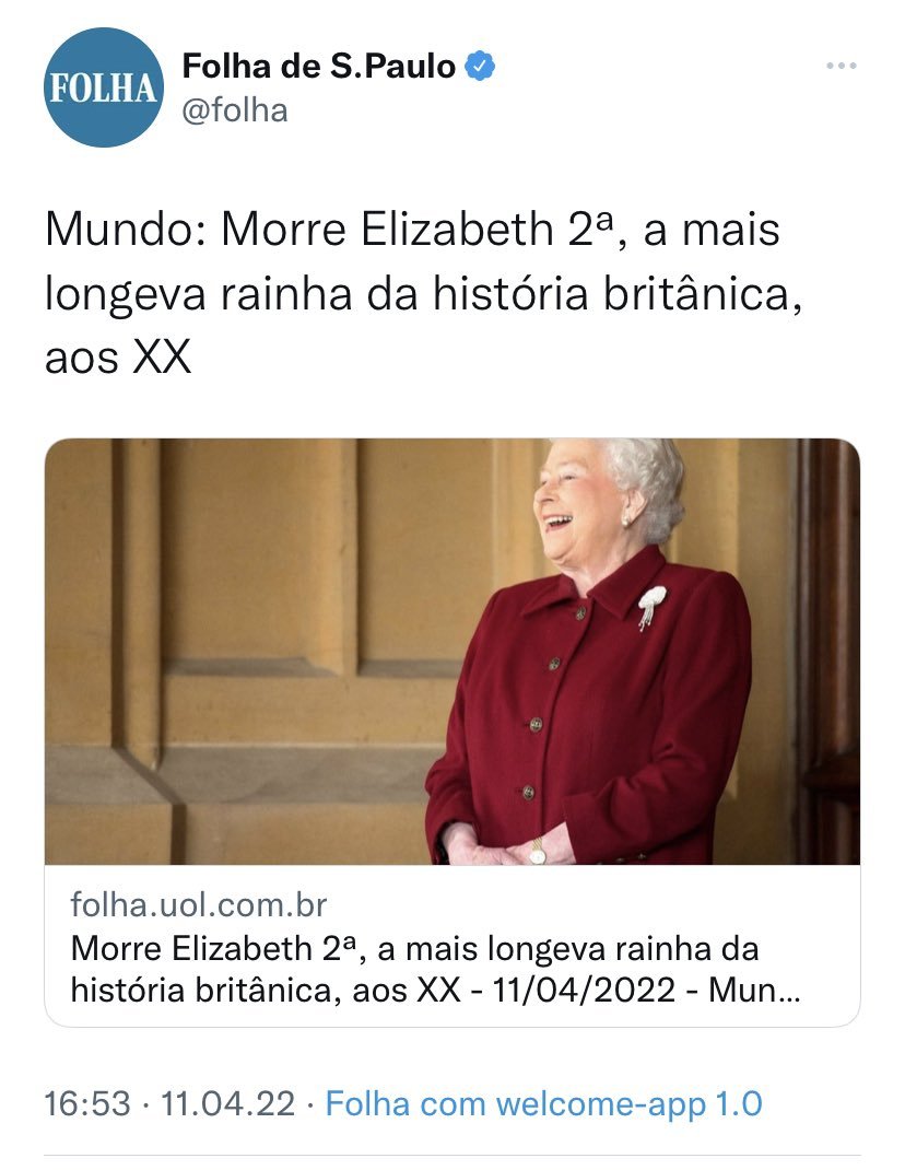 《聖保羅頁報》在官網及推特上誤發英國女王死訊。(圖/翻攝自 Rafael Fontana 推特 @RafaelFontana)